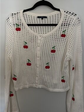 White Open-Knit Cherry Embroidered Cropped Sweater